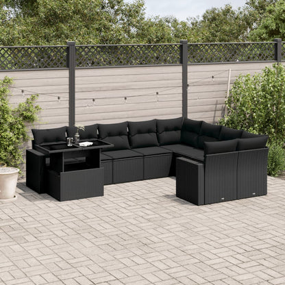 10-tlg. Garten-Sofagarnitur mit Kissen Schwarz Poly Rattan