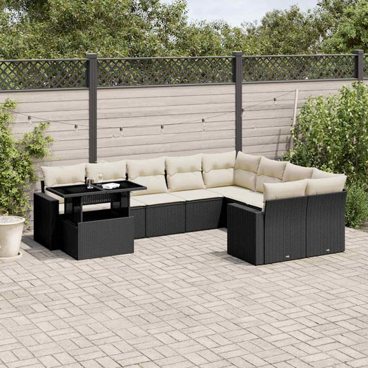 10-tlg. Garten-Sofagarnitur mit Kissen Schwarz Poly Rattan