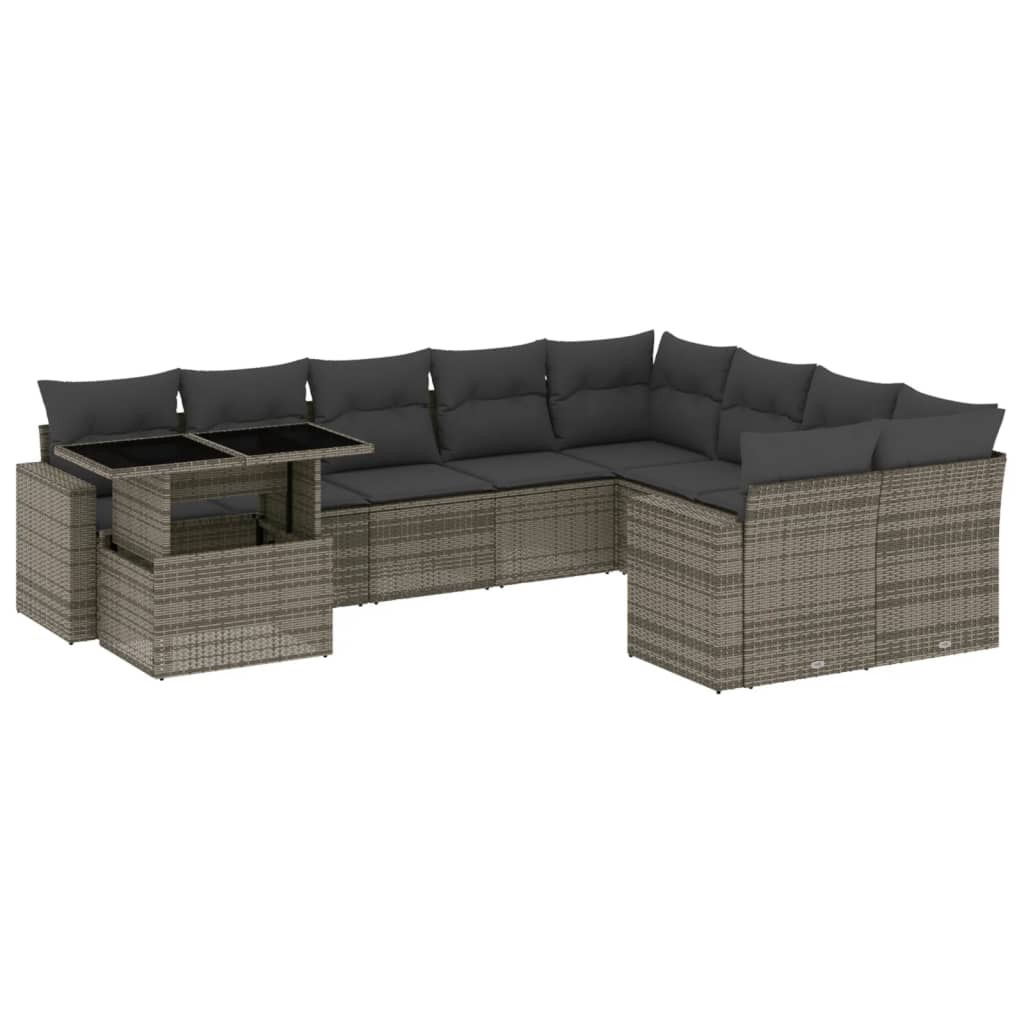 10-tlg. Garten-Sofagarnitur mit Kissen Grau Poly Rattan