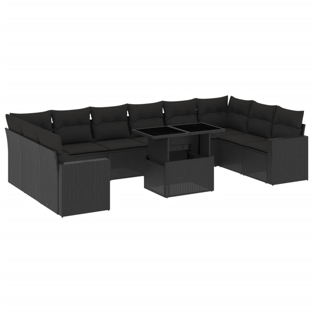 11-tlg. Garten-Sofagarnitur mit Kissen Schwarz Poly Rattan