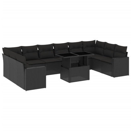 11-tlg. Garten-Sofagarnitur mit Kissen Schwarz Poly Rattan