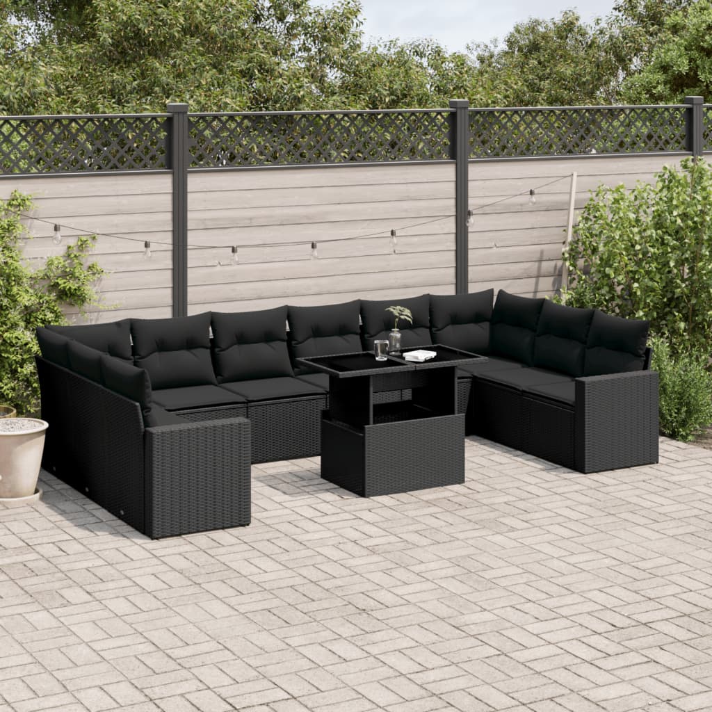 11-tlg. Garten-Sofagarnitur mit Kissen Schwarz Poly Rattan