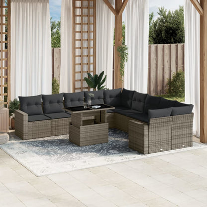 11-tlg. Garten-Sofagarnitur mit Kissen Grau Poly Rattan