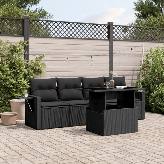 5-tlg. Garten-Sofagarnitur mit Kissen Schwarz Poly Rattan