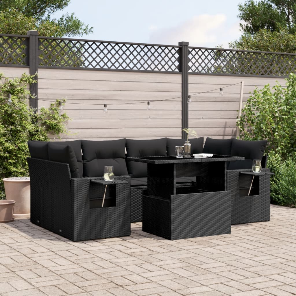 7-tlg. Garten-Sofagarnitur mit Kissen Schwarz Poly Rattan