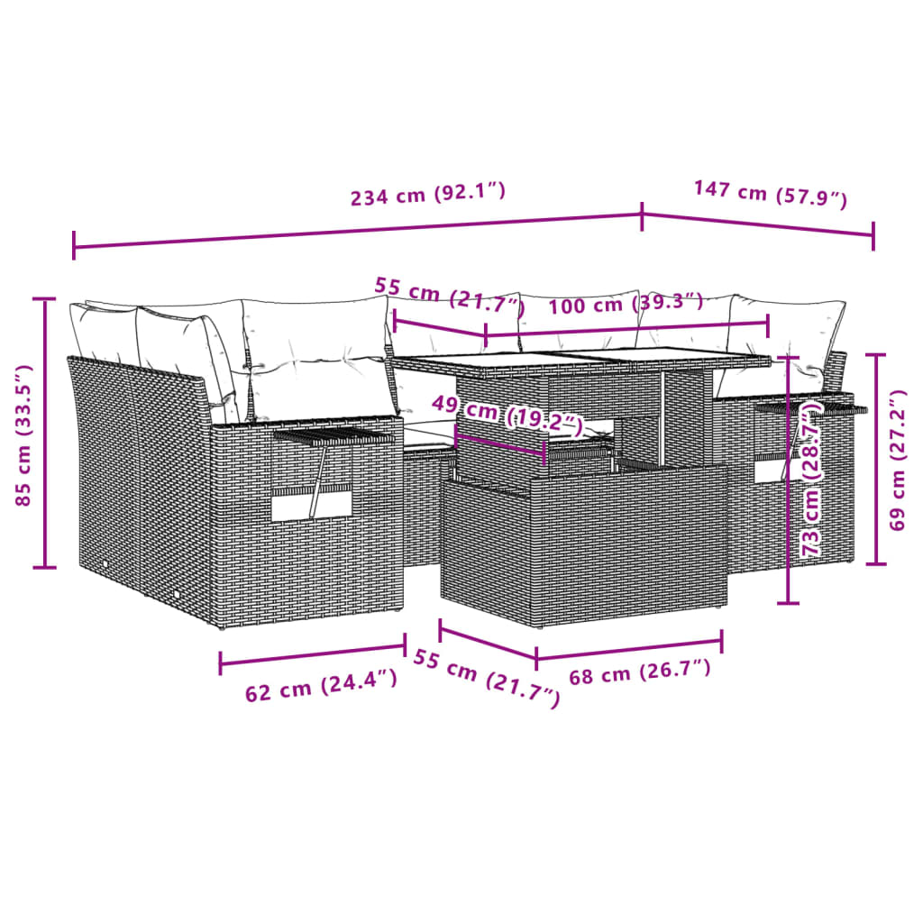 7-tlg. Garten-Sofagarnitur mit Kissen Schwarz Poly Rattan