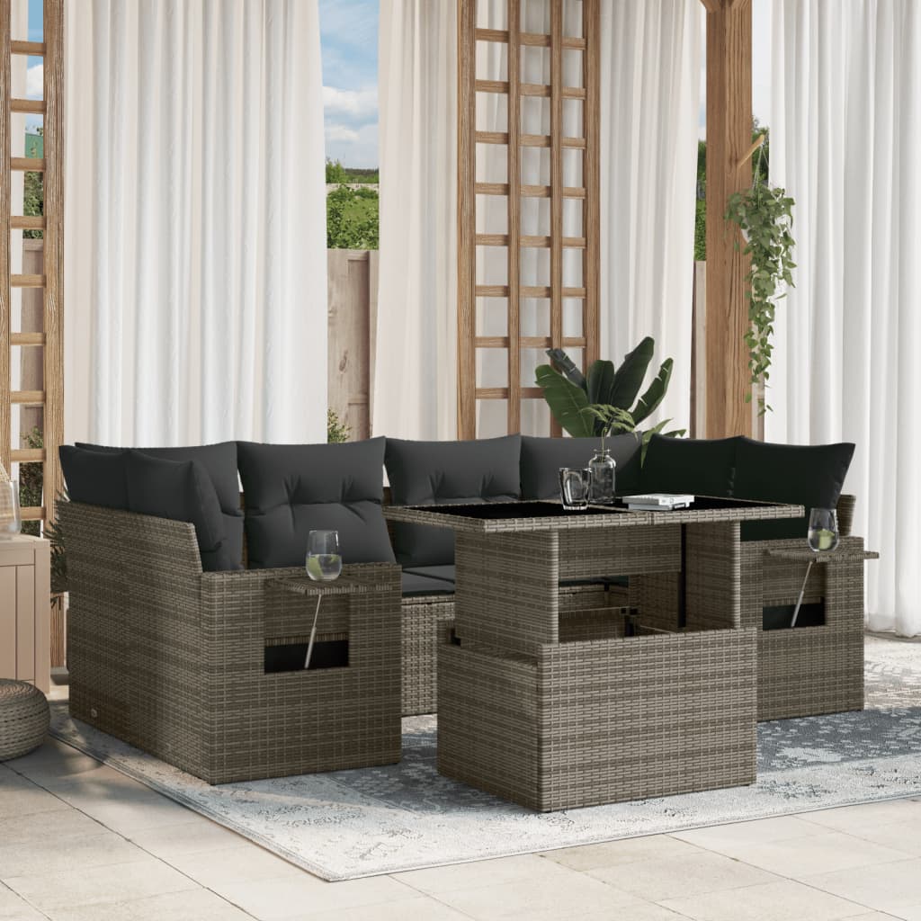 7-tlg. Garten-Sofagarnitur mit Kissen Grau Poly Rattan