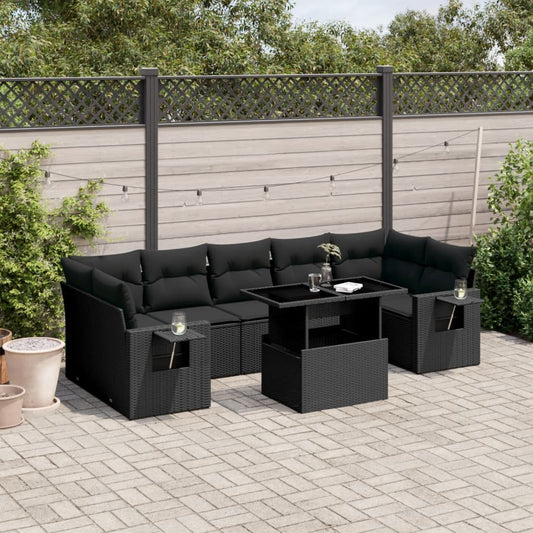 8-tlg. Garten-Sofagarnitur mit Kissen Schwarz Poly Rattan