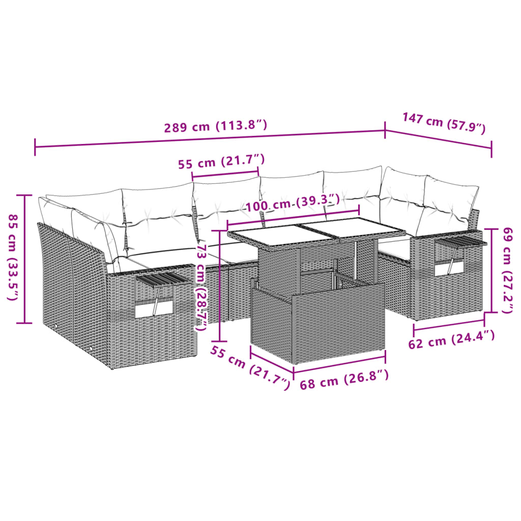 8-tlg. Garten-Sofagarnitur mit Kissen Grau Poly Rattan