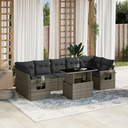 8-tlg. Garten-Sofagarnitur mit Kissen Grau Poly Rattan