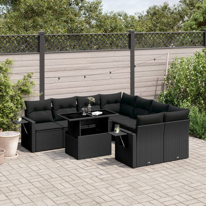 9-tlg. Garten-Sofagarnitur mit Kissen Schwarz Poly Rattan