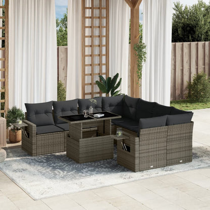 9-tlg. Garten-Sofagarnitur mit Kissen Grau Poly Rattan