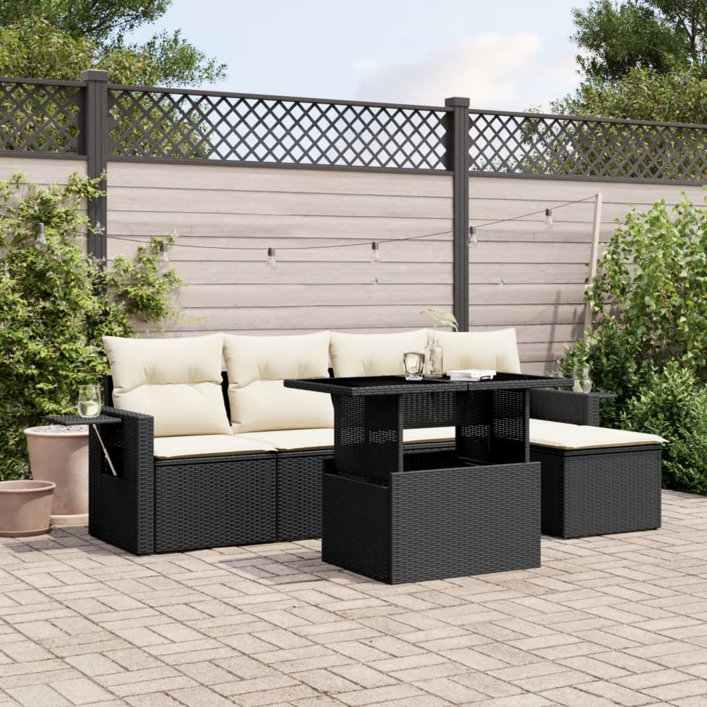 6-tlg. Garten-Sofagarnitur mit Kissen Schwarz Poly Rattan