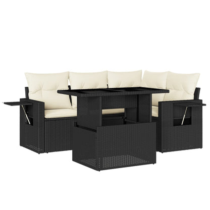 5-tlg. Garten-Sofagarnitur mit Kissen Schwarz Poly Rattan