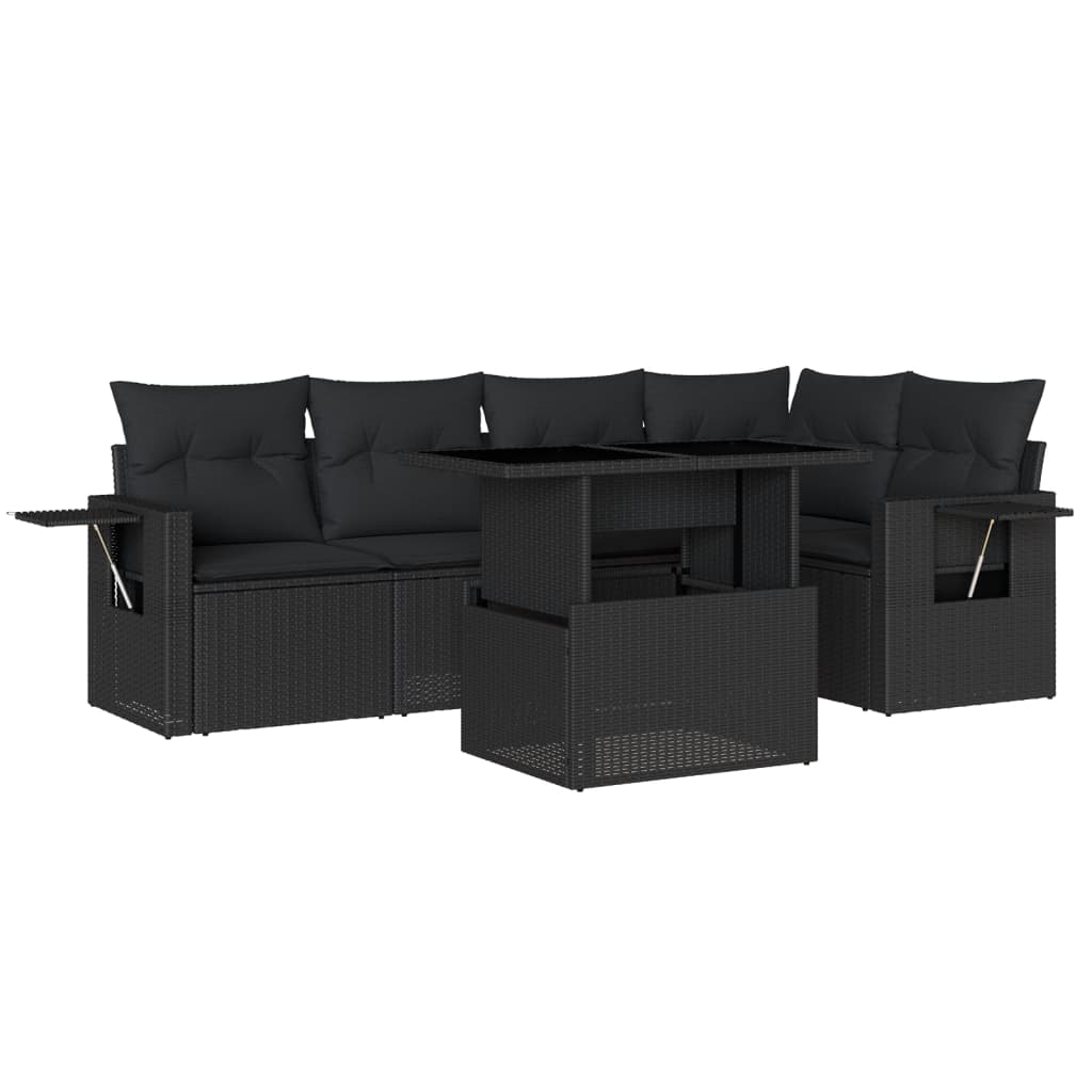 6-tlg. Garten-Sofagarnitur mit Kissen Schwarz Poly Rattan