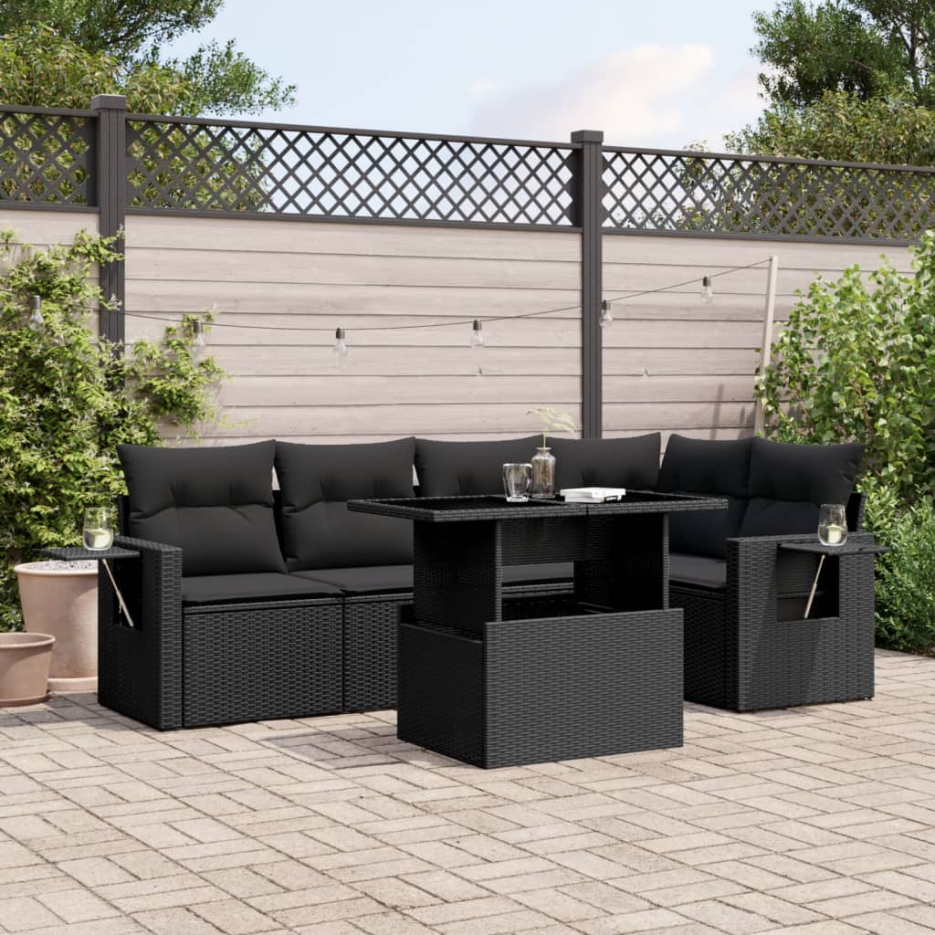 6-tlg. Garten-Sofagarnitur mit Kissen Schwarz Poly Rattan