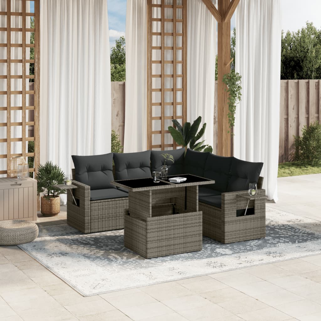 6-tlg. Garten-Sofagarnitur mit Kissen Grau Poly Rattan