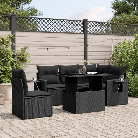 6-tlg. Garten-Sofagarnitur mit Kissen Schwarz Poly Rattan