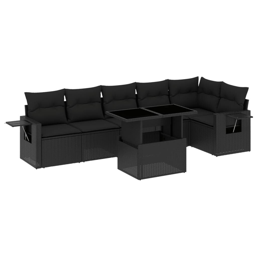 7-tlg. Garten-Sofagarnitur mit Kissen Schwarz Poly Rattan