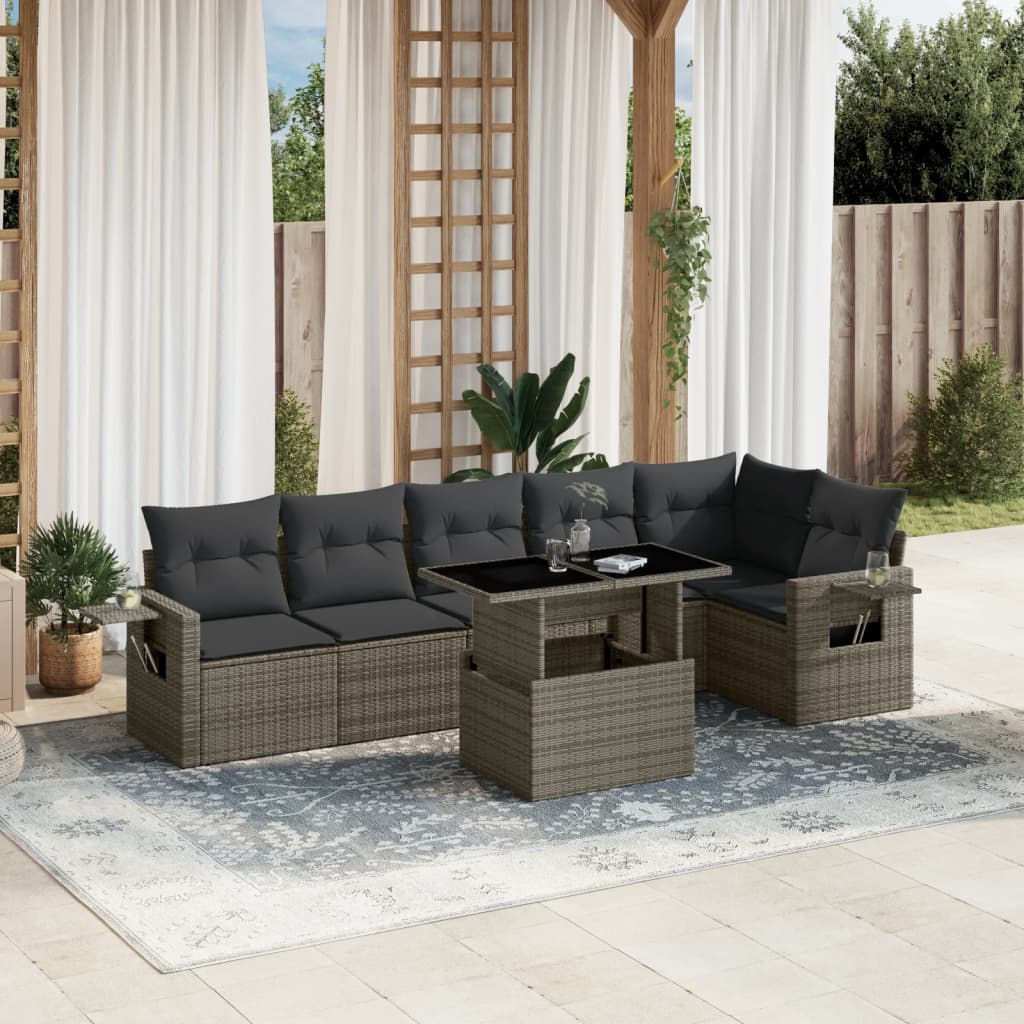 7-tlg. Garten-Sofagarnitur mit Kissen Grau Poly Rattan