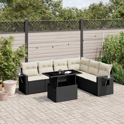 7-tlg. Garten-Sofagarnitur mit Kissen Schwarz Poly Rattan