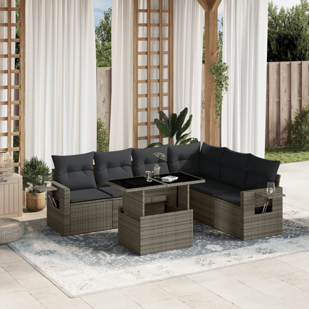 7-tlg. Garten-Sofagarnitur mit Kissen Grau Poly Rattan