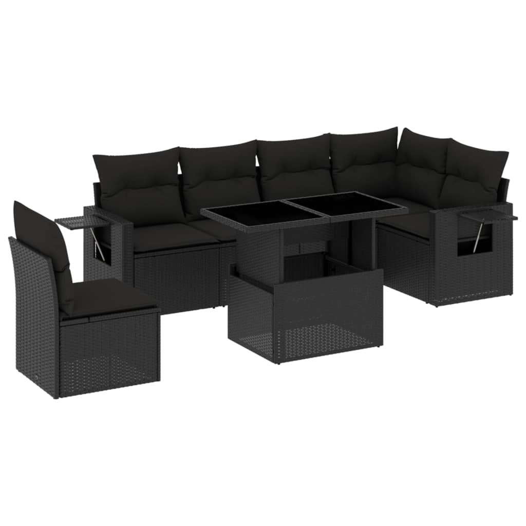 7-tlg. Garten-Sofagarnitur mit Kissen Schwarz Poly Rattan