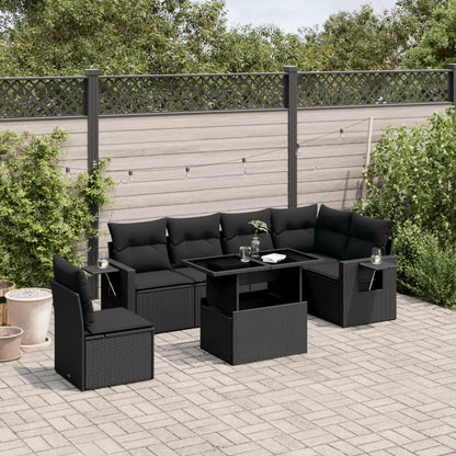 7-tlg. Garten-Sofagarnitur mit Kissen Schwarz Poly Rattan