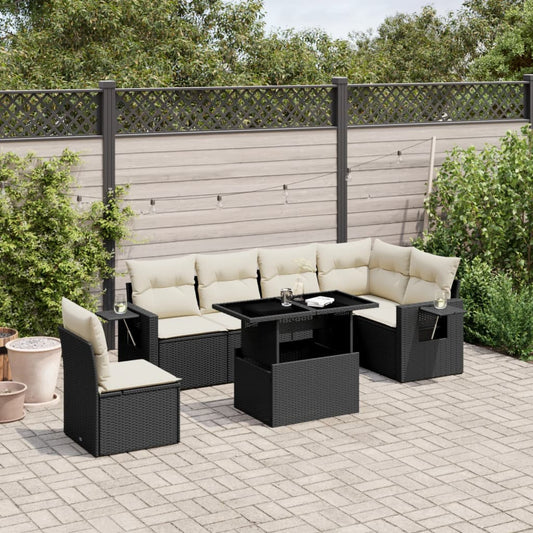 7-tlg. Garten-Sofagarnitur mit Kissen Schwarz Poly Rattan