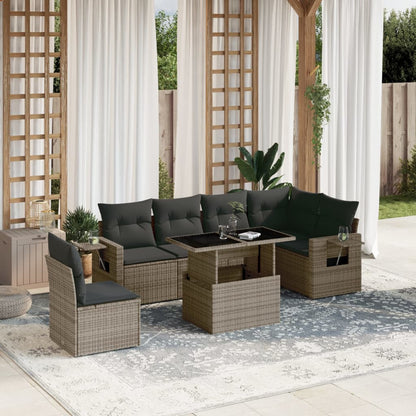 7-tlg. Garten-Sofagarnitur mit Kissen Grau Poly Rattan