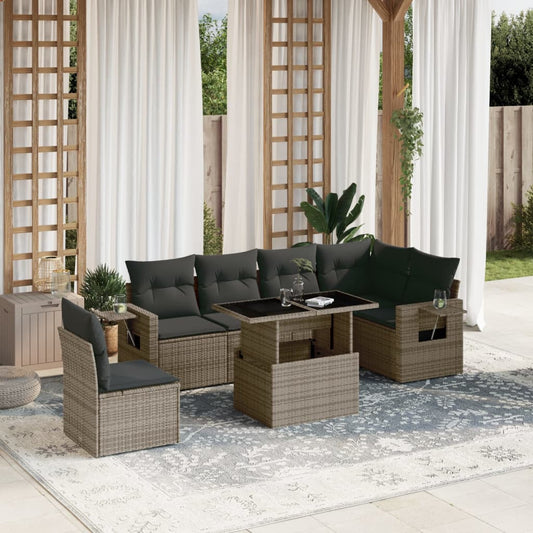 7-tlg. Garten-Sofagarnitur mit Kissen Grau Poly Rattan