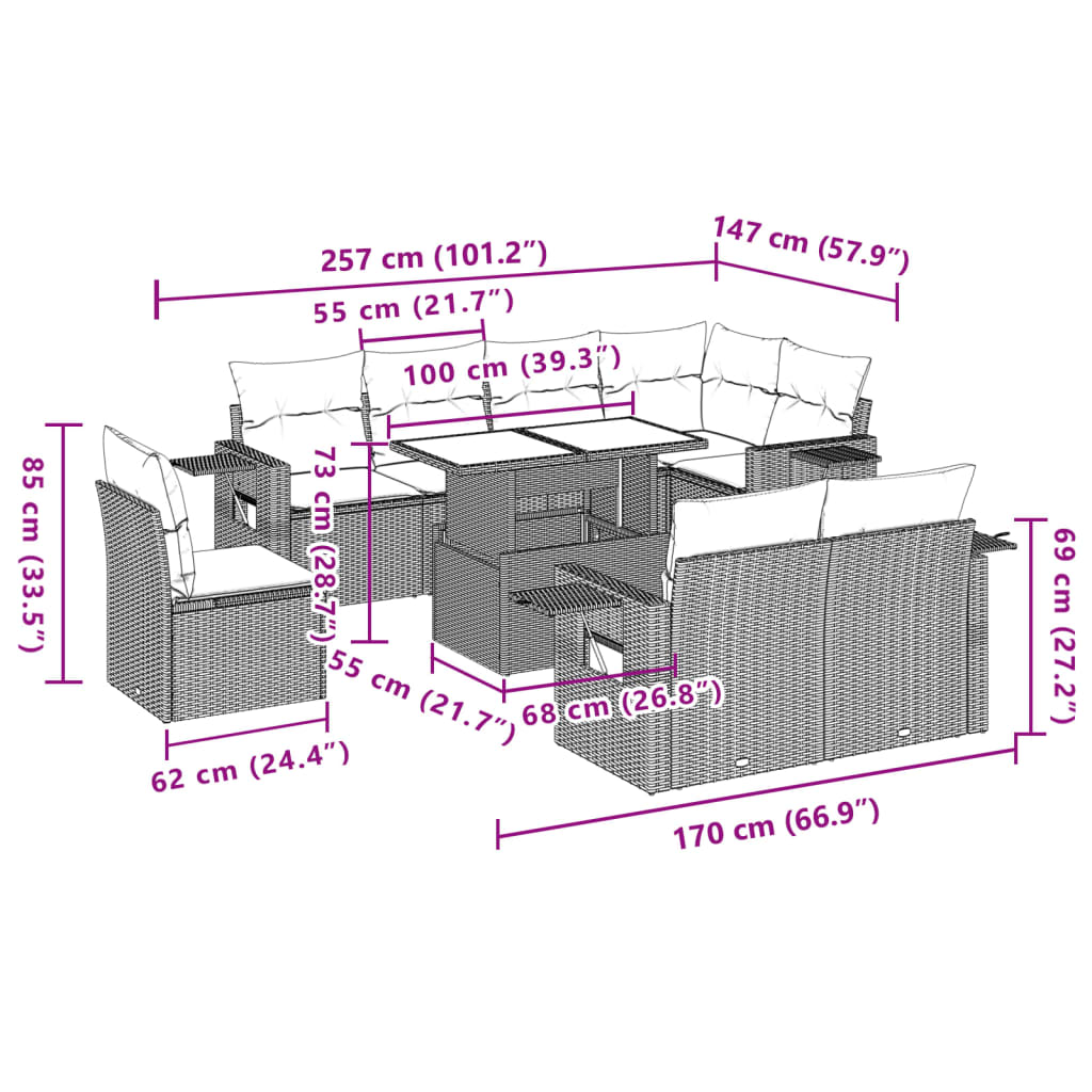 9-tlg. Garten-Sofagarnitur mit Kissen Schwarz Poly Rattan