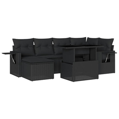 7-tlg. Garten-Sofagarnitur mit Kissen Schwarz Poly Rattan