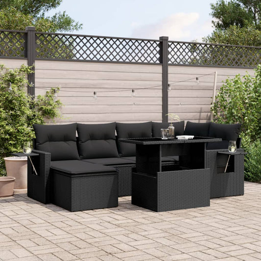 7-tlg. Garten-Sofagarnitur mit Kissen Schwarz Poly Rattan