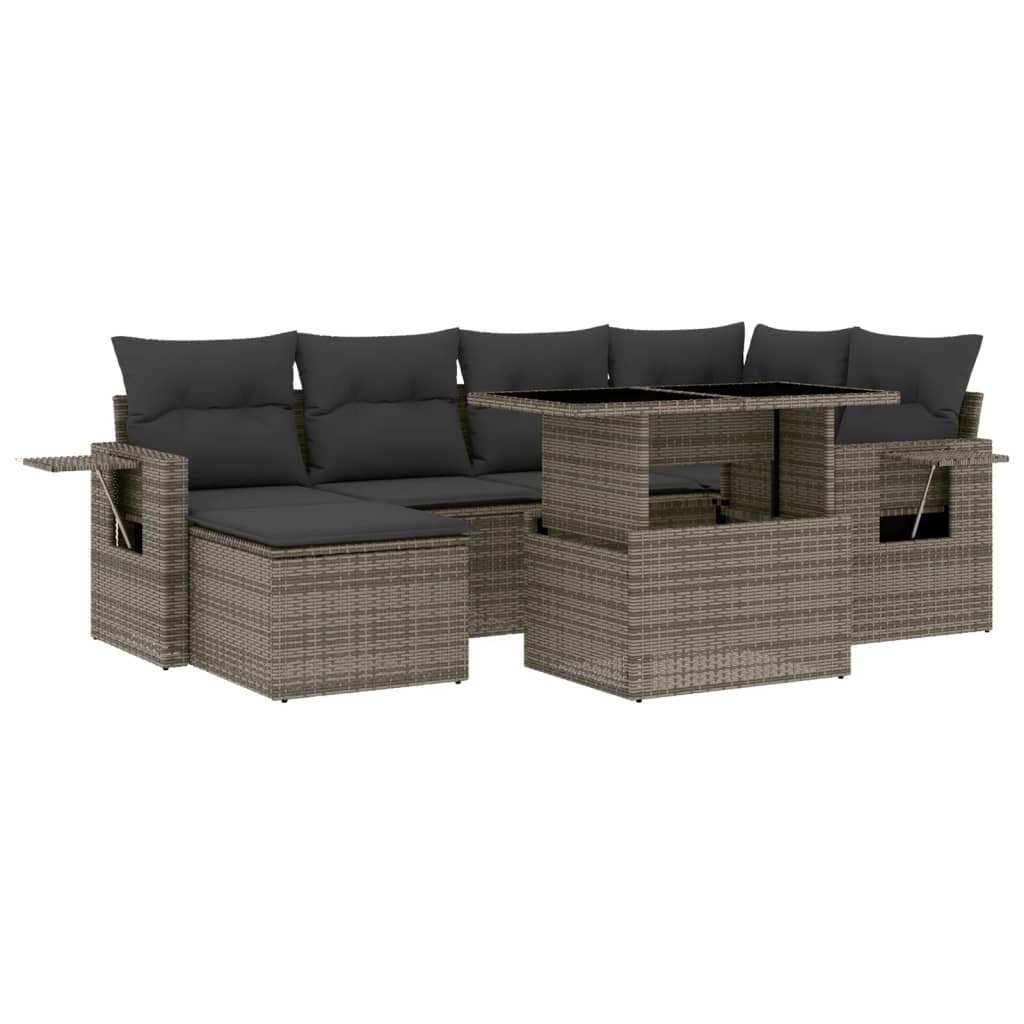 7-tlg. Garten-Sofagarnitur mit Kissen Grau Poly Rattan