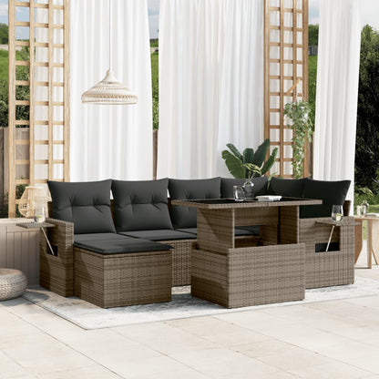 7-tlg. Garten-Sofagarnitur mit Kissen Grau Poly Rattan