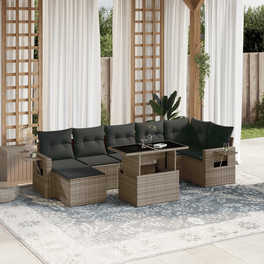 8-tlg. Garten-Sofagarnitur mit Kissen Grau Poly Rattan