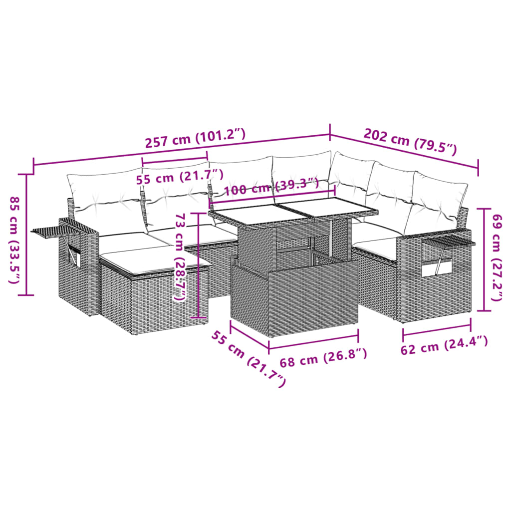 8-tlg. Garten-Sofagarnitur mit Kissen Grau Poly Rattan