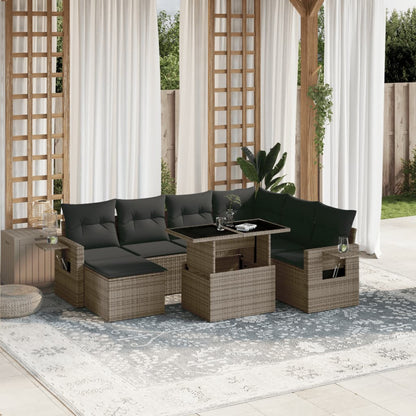 8-tlg. Garten-Sofagarnitur mit Kissen Grau Poly Rattan