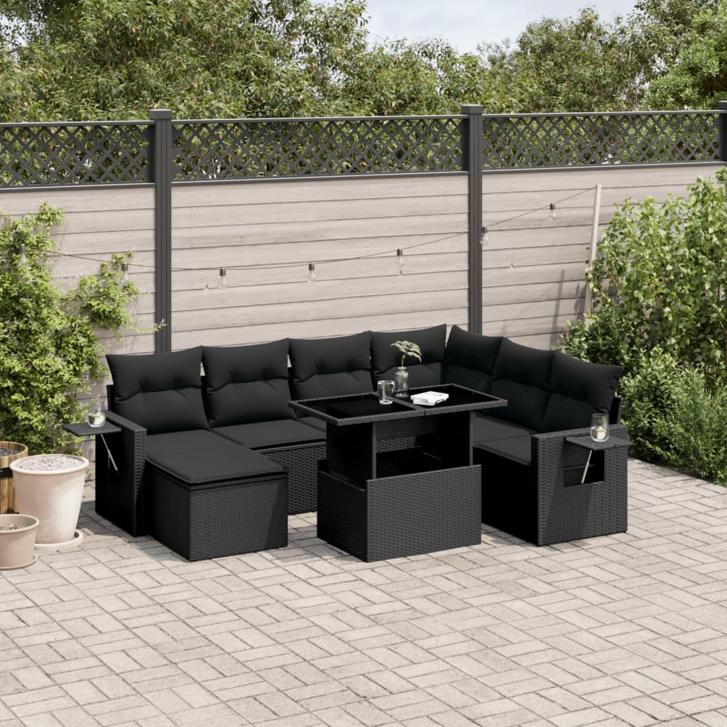 9-tlg. Garten-Sofagarnitur mit Kissen Schwarz Poly Rattan