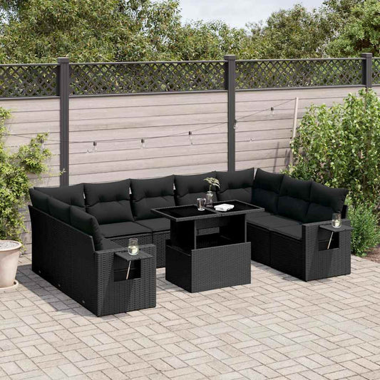 10-tlg. Garten-Sofagarnitur mit Kissen Schwarz Poly Rattan