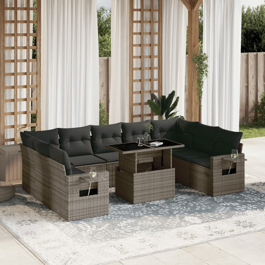 10-tlg. Garten-Sofagarnitur mit Kissen Grau Poly Rattan