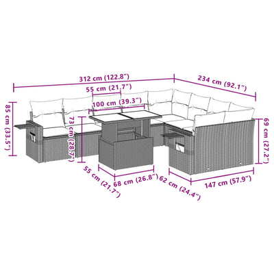 10-tlg. Garten-Sofagarnitur mit Kissen Hellgrau Poly Rattan