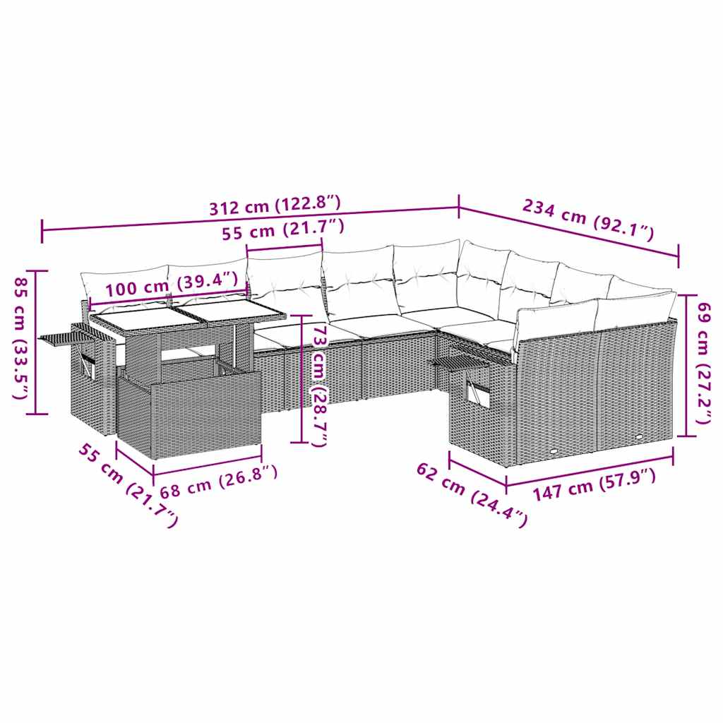 10-tlg. Garten-Sofagarnitur mit Kissen Schwarz Poly Rattan