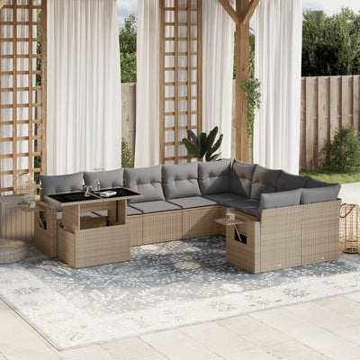 10-tlg. Garten-Sofagarnitur mit Kissen Beige Poly Rattan