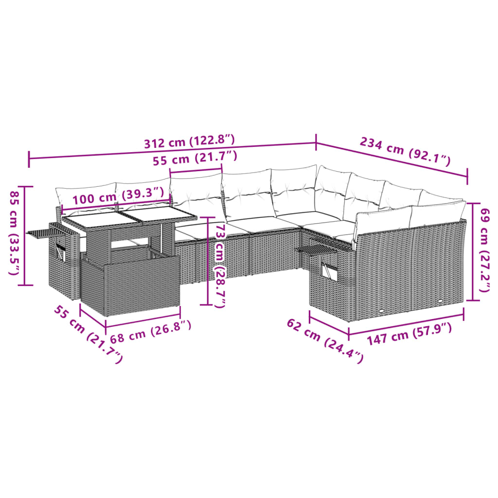 10-tlg. Garten-Sofagarnitur mit Kissen Braun Poly Rattan