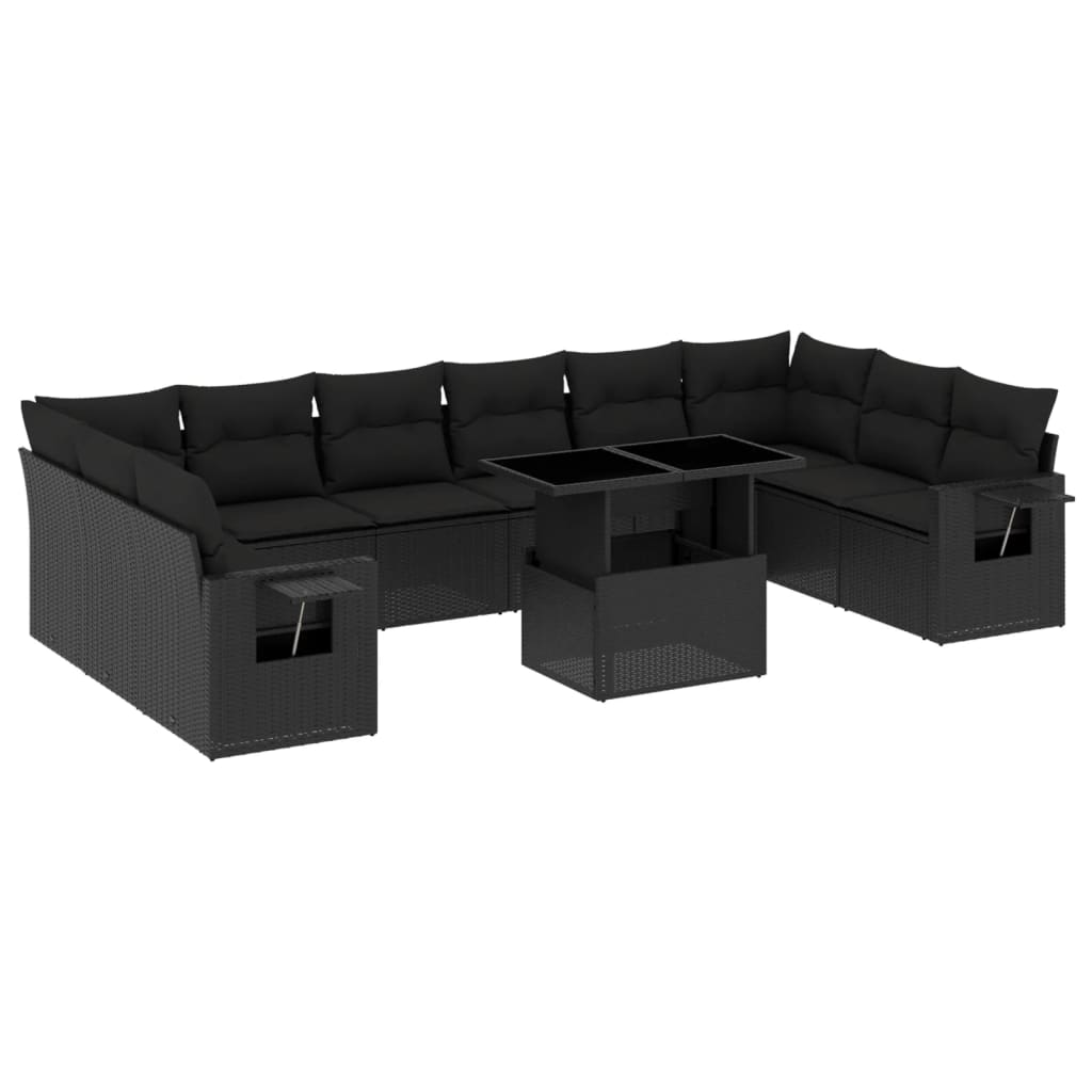 11-tlg. Garten-Sofagarnitur mit Kissen Schwarz Poly Rattan