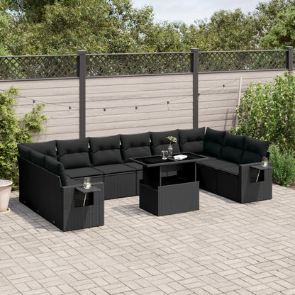 11-tlg. Garten-Sofagarnitur mit Kissen Schwarz Poly Rattan