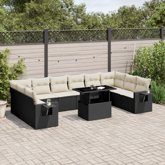 11-tlg. Garten-Sofagarnitur mit Kissen Schwarz Poly Rattan