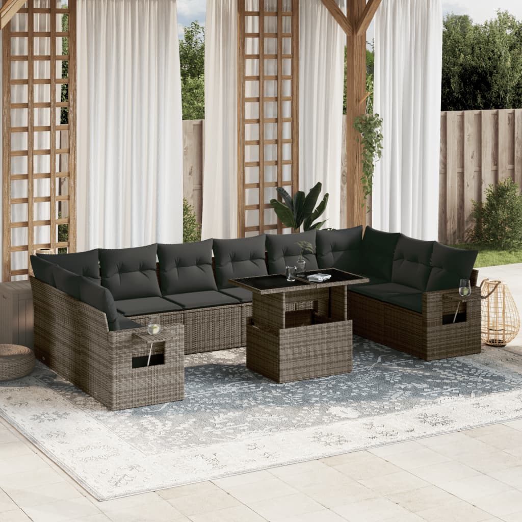 11-tlg. Garten-Sofagarnitur mit Kissen Grau Poly Rattan